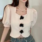 Short-sleeve Square-neck Floral Accent Cropped Blouse