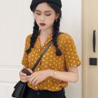 Short-sleeve Polka Dot Shirt / Crinkle Midi Skirt