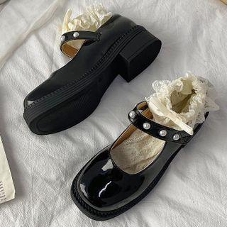 Platform Block Heel Faux Pearl Mary Jane Pumps