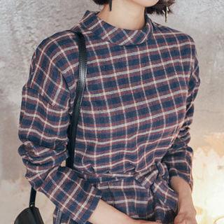 Mock-neck Checked Dress With Sash
