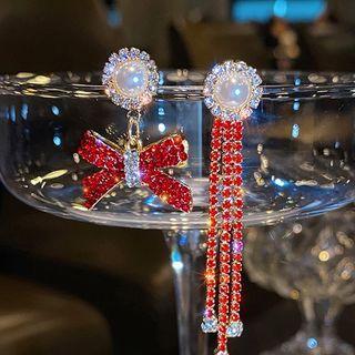 Bow Rhinestone Fringed Asymmetrical Earring 1 Pair - Silver Needle - Red - One Size