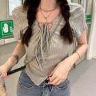 Short-sleeve Asymmetrical Hem Tie-strap Cropped T-shirt Gray - One Size