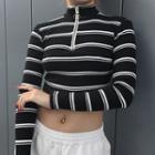 Long-sleeve Mock-neck Striped Cropped T-shirt