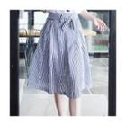 Set: Printed Short-sleeve T-shirt + Pinstriped A-line Midi Skirt