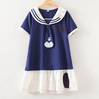 Paw Embroidered Sailor Collar Short Sleeve Dress