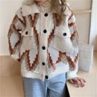Fleece Trim Knit Button Jacket Camel & White - One Size
