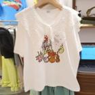Short-sleeve Lace Panel Printed T-shirt