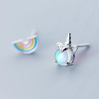 925 Sterling Silver Asymmetric Unicorn Rainbow Stud Earring 1 Pair - As Shown In Figure - One Size