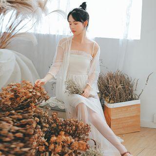 Set: Sleeveless Mesh Dress + Bell-sleeve Long Light Jacket