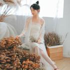 Set: Sleeveless Mesh Dress + Bell-sleeve Long Light Jacket
