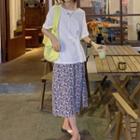 Elbow-sleeve Plain T-shirt / Floral Print Midi Skirt