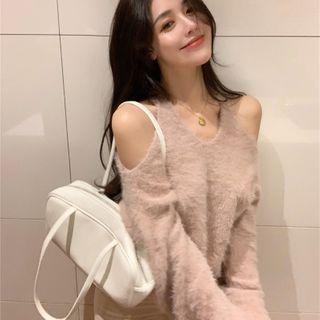 Cold Shoulder Fuzzy Sweater