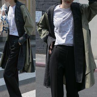 Plaid Panel Hooded Long Trench Coat