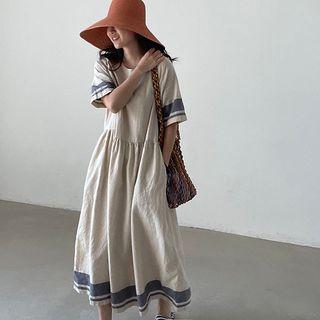 Elbow-sleeve Two-tone Midi A-line Dress Beige & Airy Blue - One Size