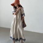Elbow-sleeve Two-tone Midi A-line Dress Beige & Airy Blue - One Size
