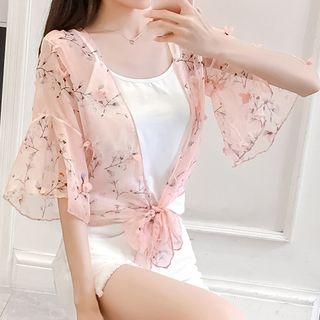 Floral Print Elbow-sleeve Chiffon Jacket