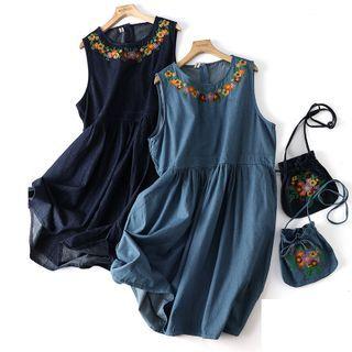 Set: Sleeveless Denim Flower Embroidered A-line Dress + Drawstring Pouch