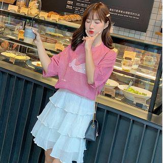Set: Short Sleeve Glittered Print T-shirt + Layered Mini Skirt