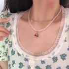 Cherry Glass Bead Pendant Layered Stainless Steel Necklace Pink & Red & Silver - One Size