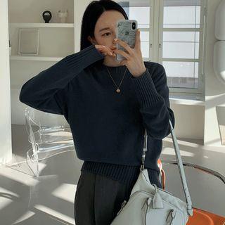 Round-neck Knit Top Navy Blue - One Size
