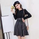 Long-sleeve Knit Top / Striped Mini A-line Skirt