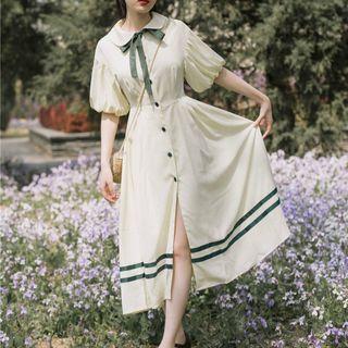 Collared Elbow-sleeve Midi A-line Dress