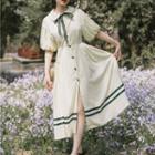 Collared Elbow-sleeve Midi A-line Dress