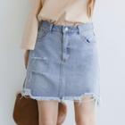 Fringed-hem Disressed Denim Pencil Skirt