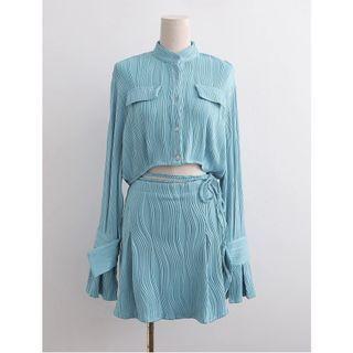 Set: Long-sleeve Stand Collar Cropped Blouse + Mini A-line Skirt