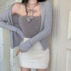 Ribbed Knit Cardigan / Fluffy Strapless Top / Mini Pencil Skirt
