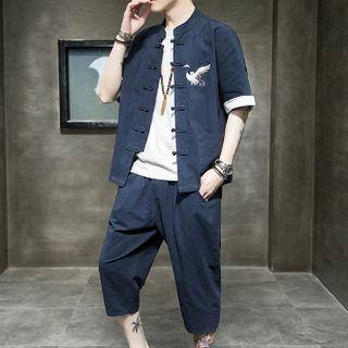 Set: Short-sleeve Embroidered Shirt + Harem Pants