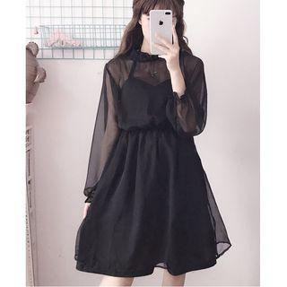 Long-sleeve A-line Dress / Strappy Dress