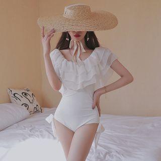 Short-sleeve Open-back Frill Trim Swimsuit