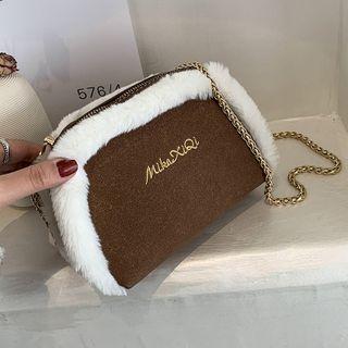 Fleece Trim Letter Embroidered Crossbody Bag