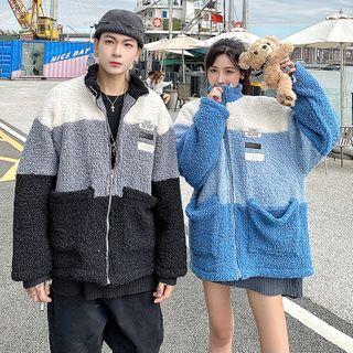 Couple Matching Color Block Fleece Zipped Jacket