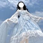 Flared-sleeve Lace Trim Blouse / Bow Accent Overall Dress