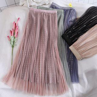 Sequined Mesh Panel Midi Skirt
