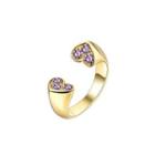 Simple And Romantic Plated Gold Double Heart Purple Cubic Zircon Adjustable Open Ring Golden - One Size