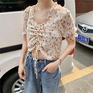 Short-sleeve Drawstring Floral Print Blouse Tangerine - One Size