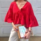 Plain V-neck Bell-sleeve Cropped Blouse