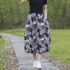 Print Midi Skirt 89 - Blue & Gray & Brown - One Size
