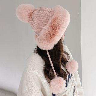 Faux Fur Pom Pom Knit Trapper Hat