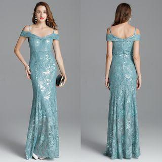 Short-sleeve Cold-shoulder Sequined Evening Gown