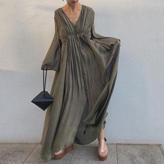 Long-sleeve V-neck Maxi Shift Dress Green - One Size