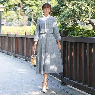 Set: Lace-trim Plaid Jacket + Sleeveless Collared Midi A-line Dress