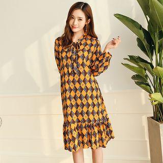 Tie Neck Patterned Long Sleeve Midi Dress