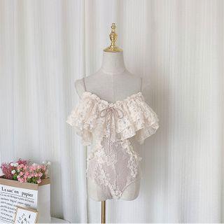 Spaghetti-strap Ruffled Cut-out Lace Swimsuit
