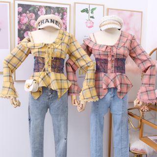One-shoulder Lace-up Plaid Blouse