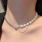 Heart Faux Pearl Stainless Steel Choker 1 Pc - Necklace - Silver & White - One Size