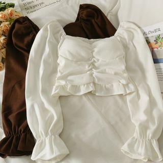 Boatneck Bell-sleeve Ruched Crop Top